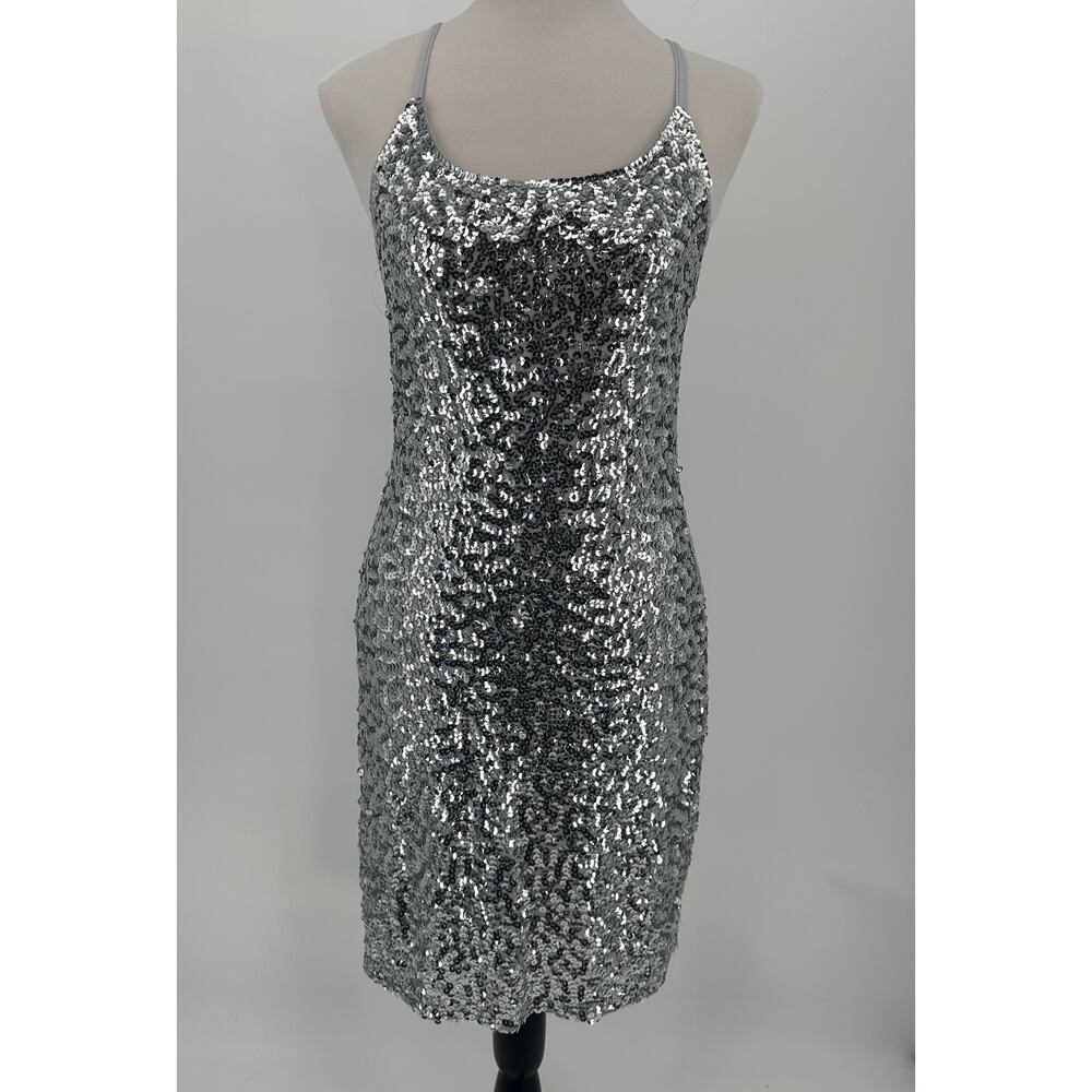 Pretty Guide Silver Sequin Bodycon Mini Dress Sz M Sleeveless Sparkly Party NWT